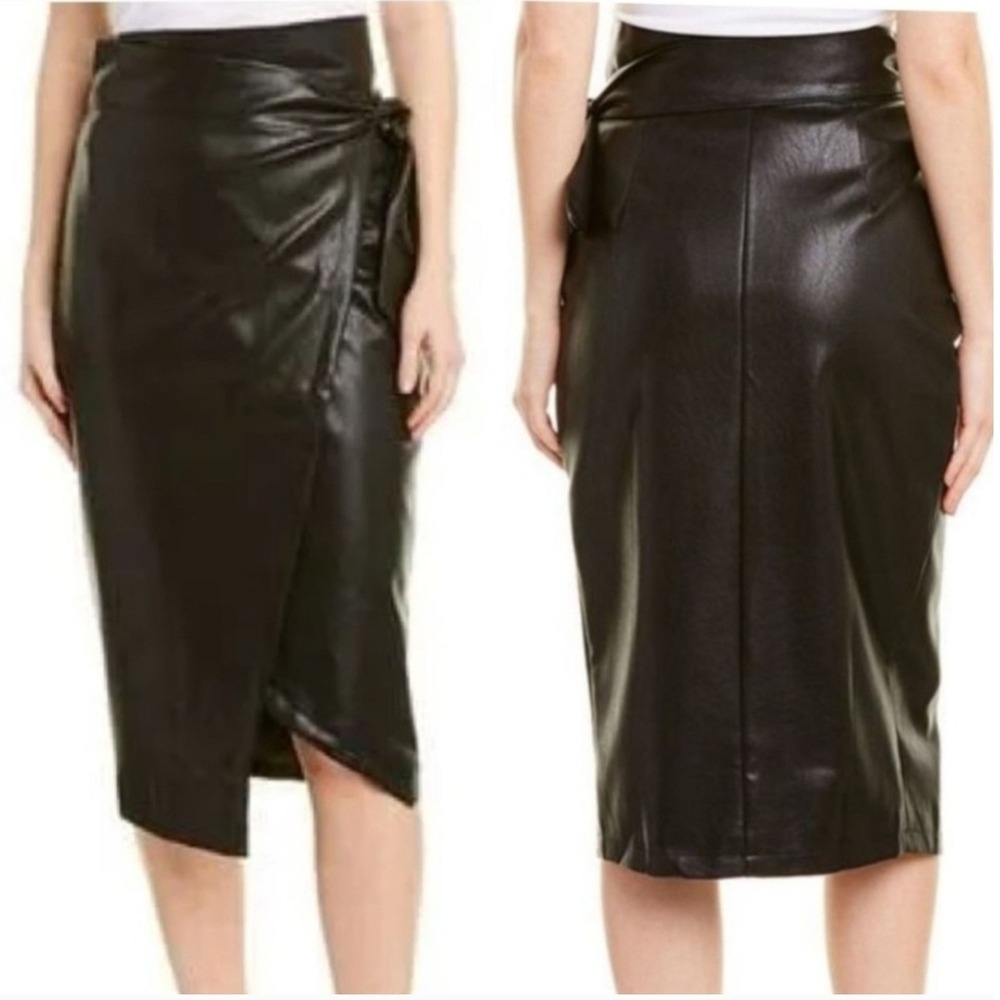 GRACIA NWT Faux Leather Wrap Midi Skirt Black Tie Waist‎ Pencil Skirt Size Large